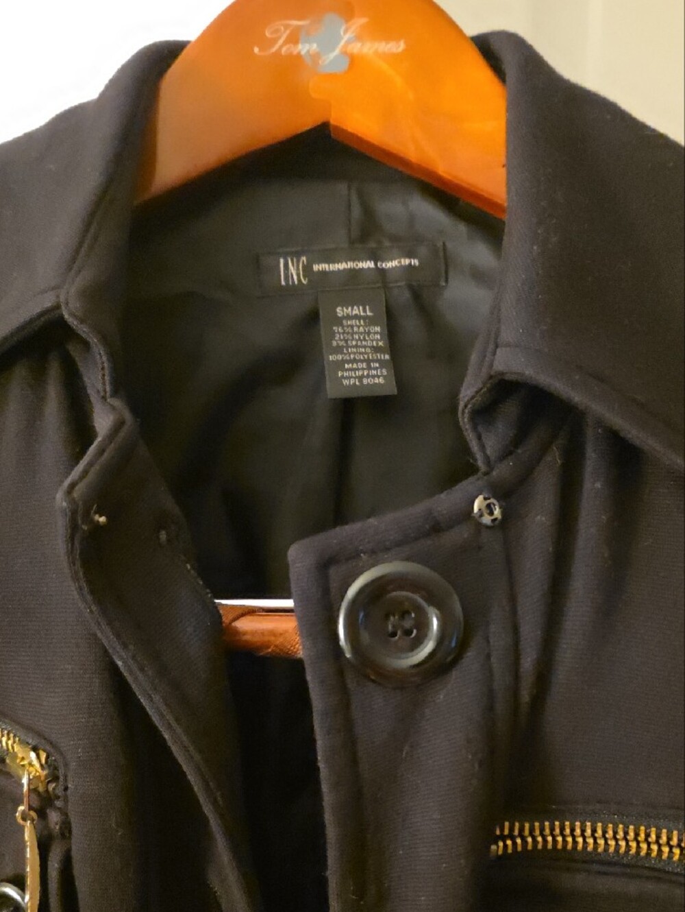INC International Concepts Black Military-Style Pea Coat with Gold Zippers - Picture 2 of 9